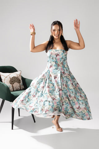 Sapphire Martini Blue Floral Printed Strapless Dress