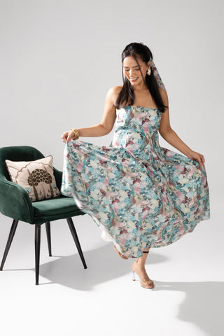 Sapphire Martini Blue Floral Printed Strapless Dress