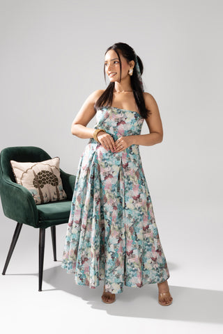 Sapphire Martini Blue Floral Printed Strapless Dress