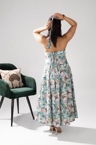 Sapphire Martini Blue Floral Printed Strapless Dress