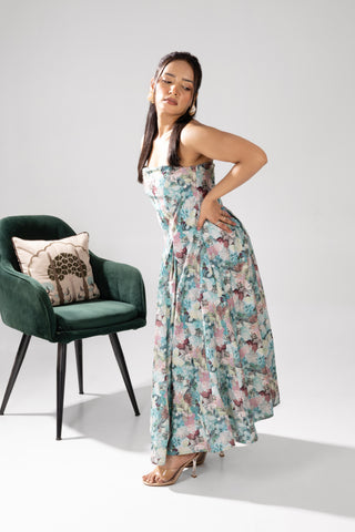 Sapphire Martini Blue Floral Printed Strapless Dress