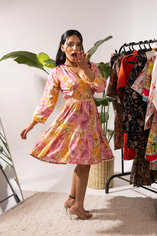 Dirty Shirley Peach Paisley Printed Full Sleeve Dress